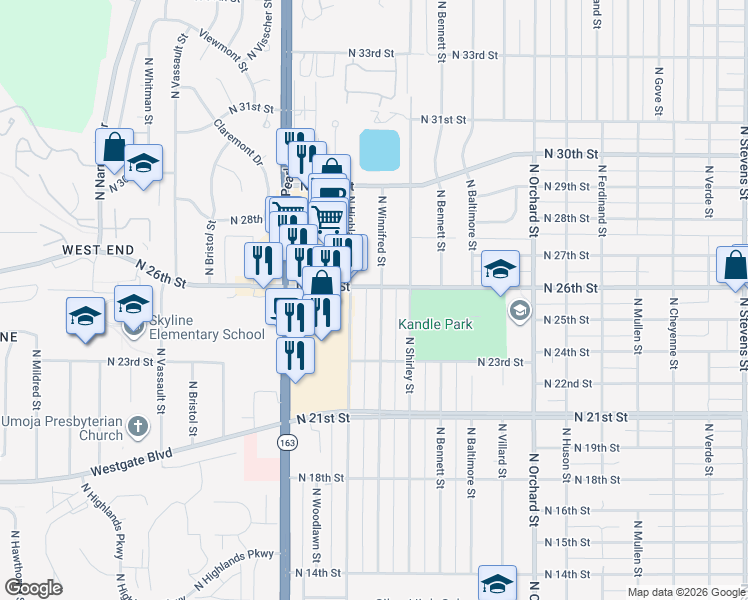 map of restaurants, bars, coffee shops, grocery stores, and more near 5620 North 26th Street in Tacoma