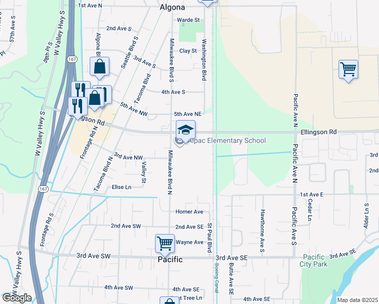 map of restaurants, bars, coffee shops, grocery stores, and more near 310 Milwaukee Boulevard North in Pacific