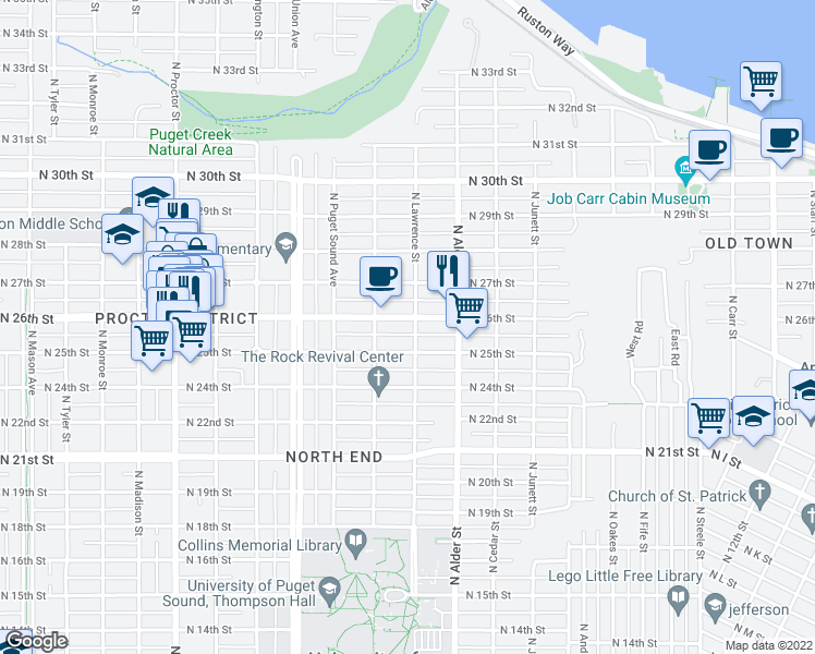map of restaurants, bars, coffee shops, grocery stores, and more near 3302 North 26th Street in Tacoma