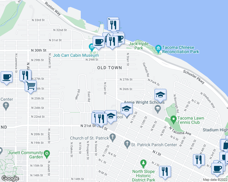 map of restaurants, bars, coffee shops, grocery stores, and more near 2516 McCarver Street in Tacoma