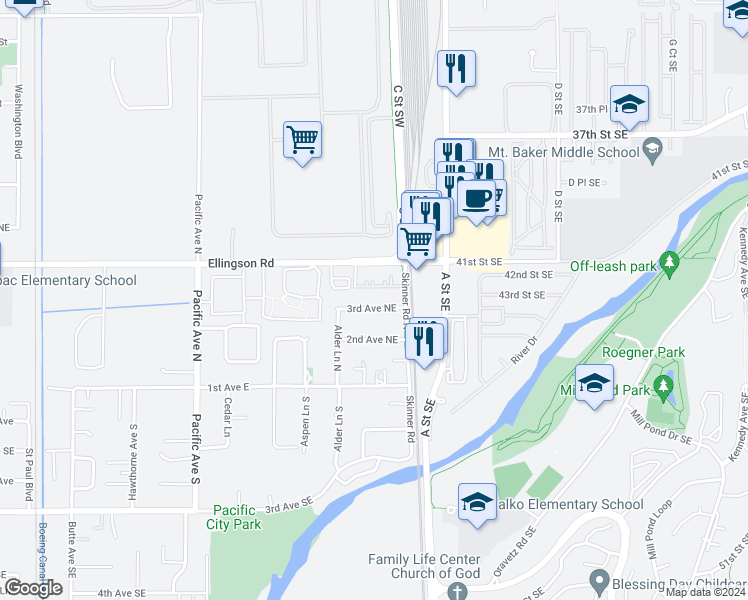 map of restaurants, bars, coffee shops, grocery stores, and more near 730 3rd Ave NE in Pacific