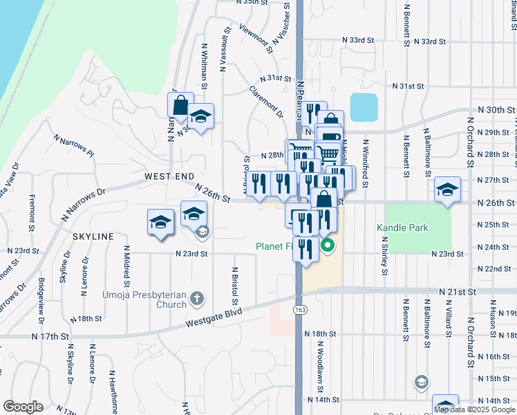 map of restaurants, bars, coffee shops, grocery stores, and more near 5928 North 26th Street in Tacoma