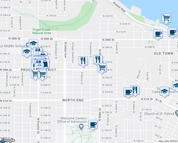 map of restaurants, bars, coffee shops, grocery stores, and more near 3302 North 26th Street in Tacoma
