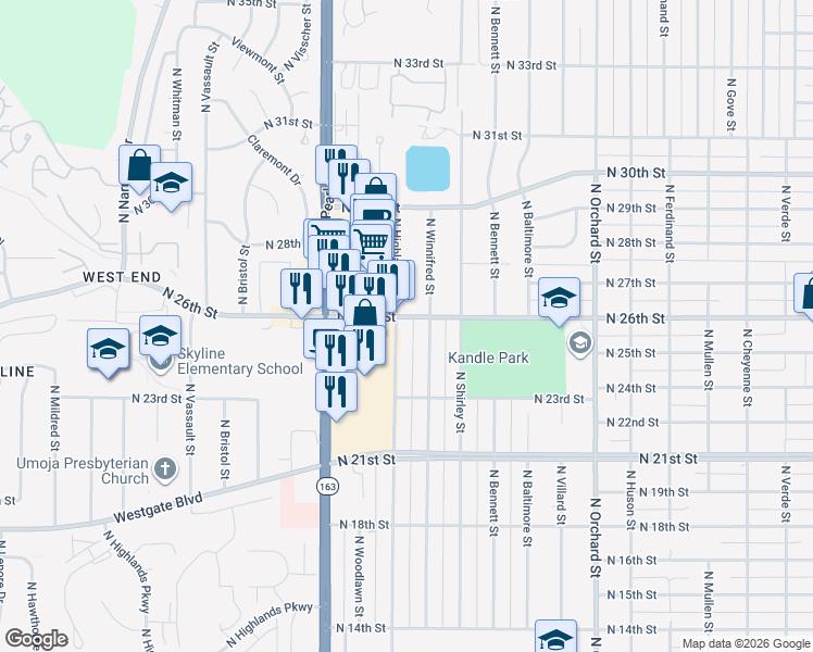 map of restaurants, bars, coffee shops, grocery stores, and more near 5620 North 26th Street in Tacoma