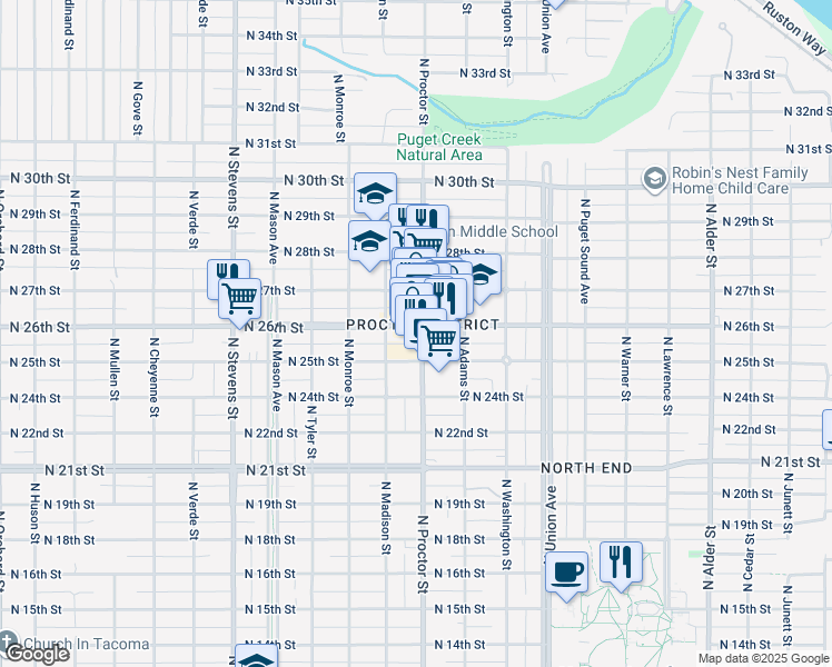 map of restaurants, bars, coffee shops, grocery stores, and more near in Tacoma