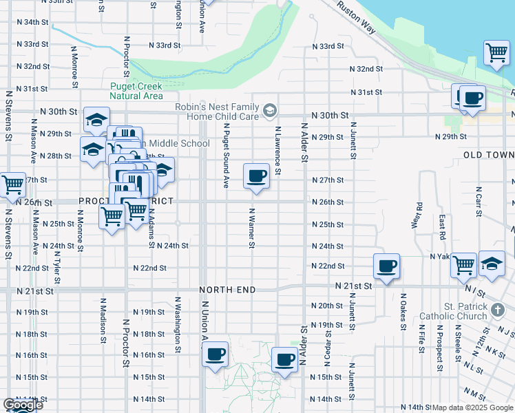 map of restaurants, bars, coffee shops, grocery stores, and more near 3324 North 26th Street in Tacoma