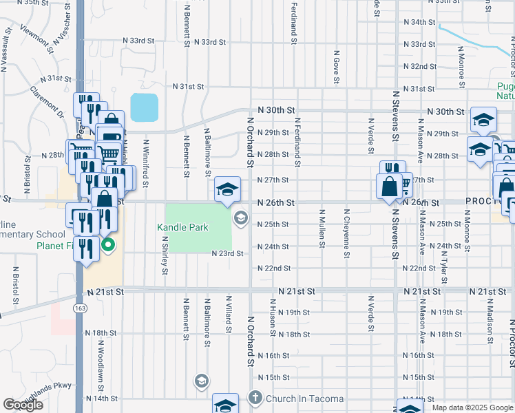 map of restaurants, bars, coffee shops, grocery stores, and more near 5066 North 26th Street in Tacoma