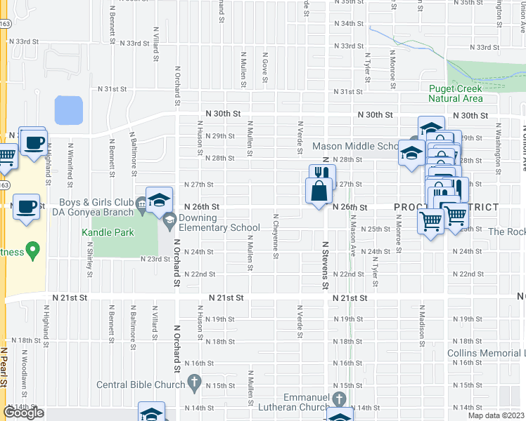 map of restaurants, bars, coffee shops, grocery stores, and more near 4612 North 26th Street in Tacoma