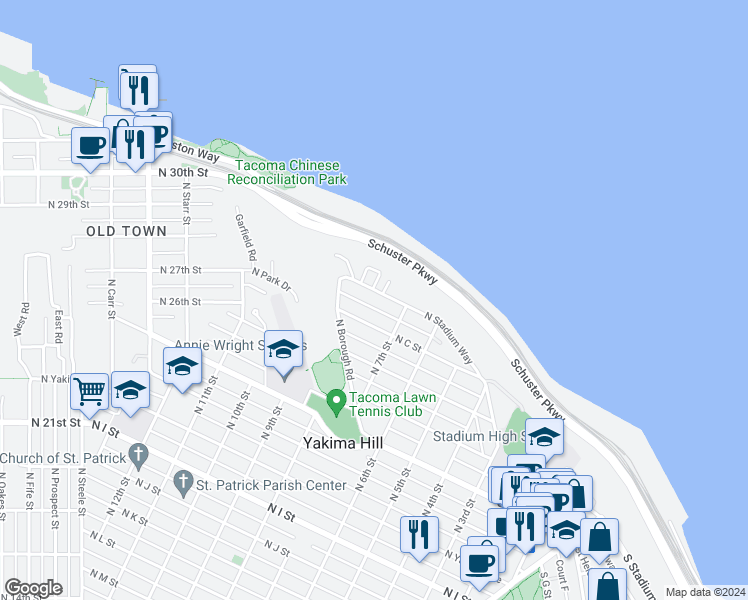 map of restaurants, bars, coffee shops, grocery stores, and more near 724 North Stadium Way in Tacoma