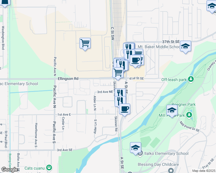 map of restaurants, bars, coffee shops, grocery stores, and more near 730 3rd Avenue Northeast in Pacific