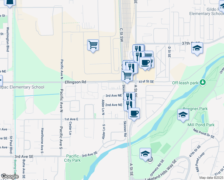 map of restaurants, bars, coffee shops, grocery stores, and more near 730 3rd Avenue Northeast in Pacific