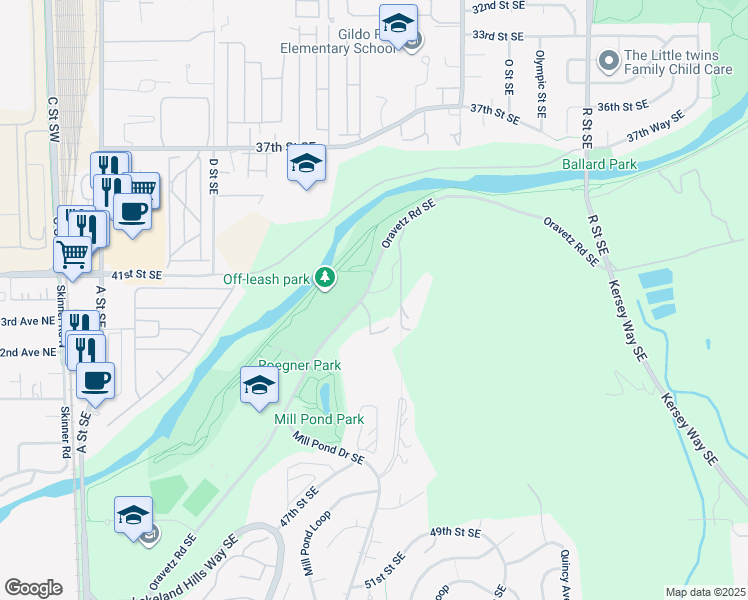 map of restaurants, bars, coffee shops, grocery stores, and more near 870 Oravetz Road Southeast in Auburn