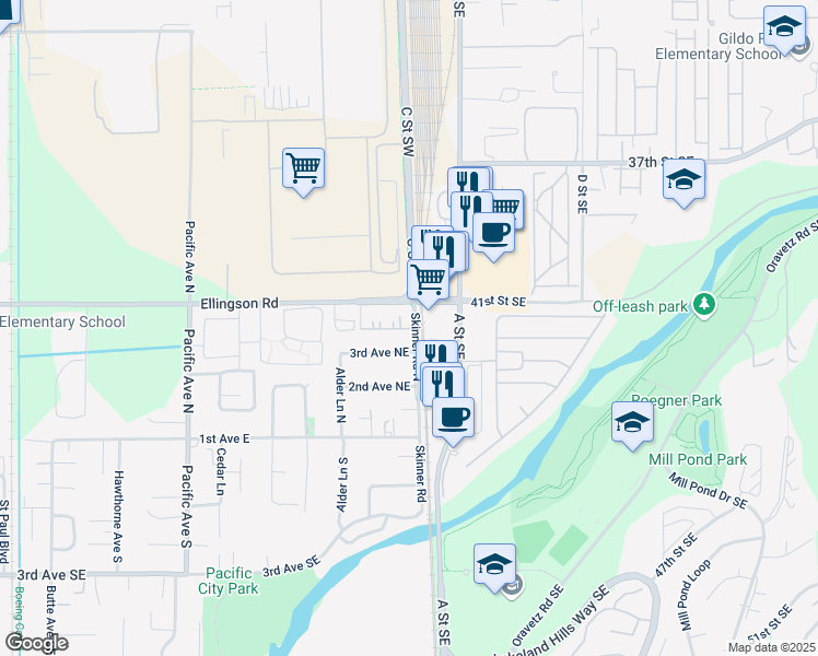 map of restaurants, bars, coffee shops, grocery stores, and more near 732 4th Avenue Northeast in Pacific
