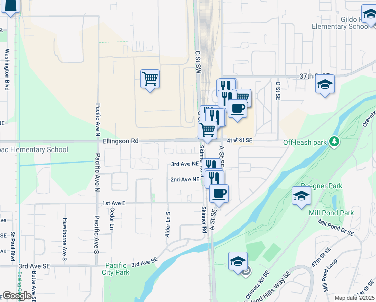 map of restaurants, bars, coffee shops, grocery stores, and more near 730 3rd Avenue Northeast in Pacific