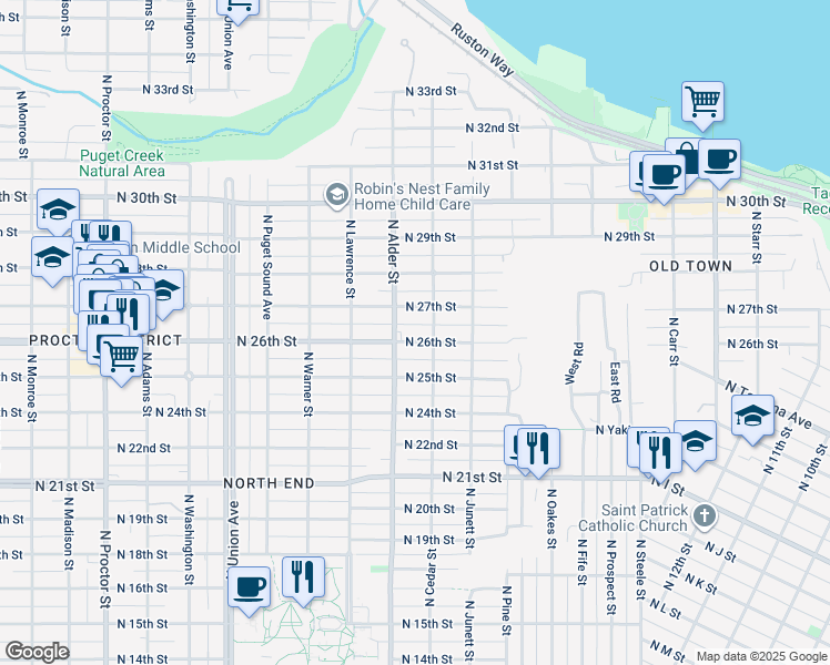 map of restaurants, bars, coffee shops, grocery stores, and more near 3106 North 26th Street in Tacoma