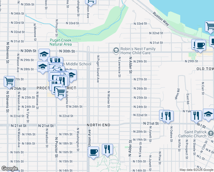 map of restaurants, bars, coffee shops, grocery stores, and more near 3324 North 26th Street in Tacoma