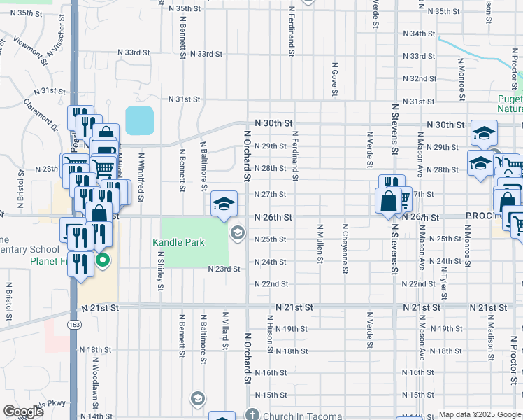 map of restaurants, bars, coffee shops, grocery stores, and more near 5066 North 26th Street in Tacoma