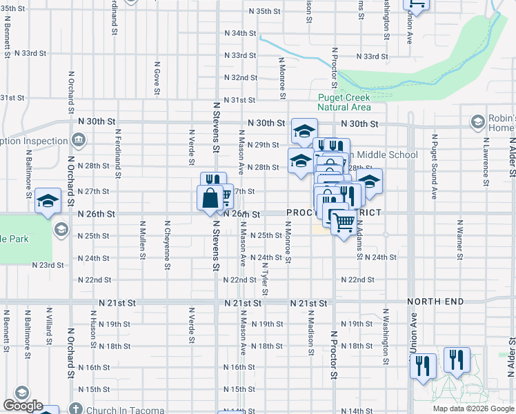 map of restaurants, bars, coffee shops, grocery stores, and more near 4205 North 26th Street in Tacoma
