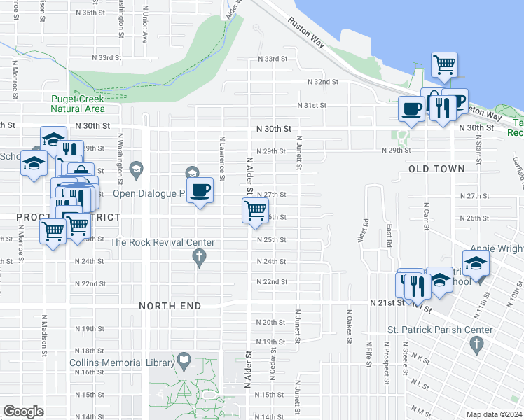 map of restaurants, bars, coffee shops, grocery stores, and more near 3111 North 26th Street in Tacoma