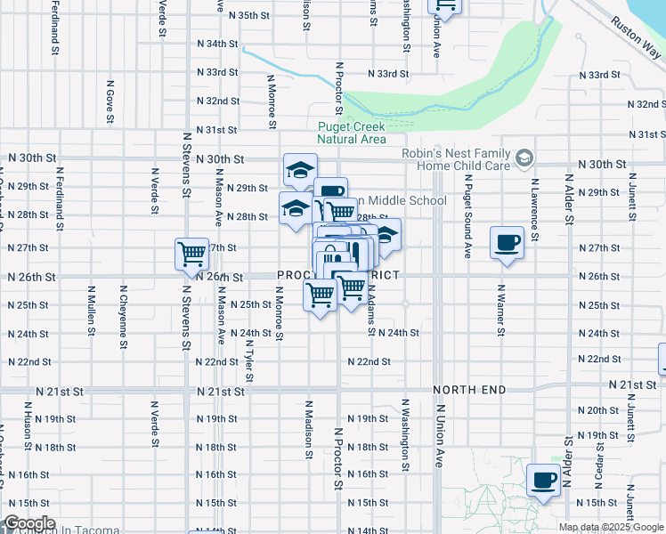map of restaurants, bars, coffee shops, grocery stores, and more near in Tacoma