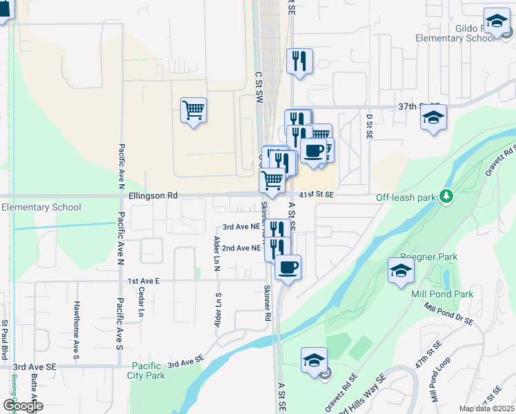 map of restaurants, bars, coffee shops, grocery stores, and more near 732 4th Avenue Northeast in Pacific