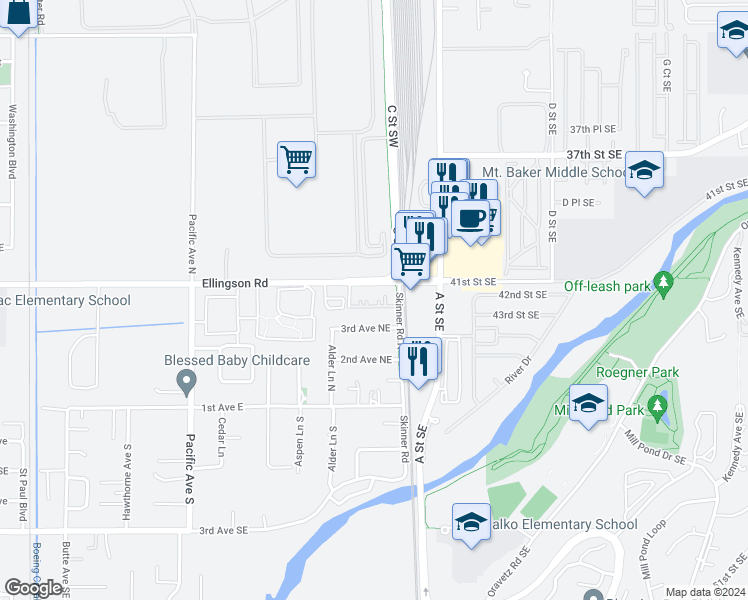 map of restaurants, bars, coffee shops, grocery stores, and more near 730 3rd Avenue Northeast in Pacific