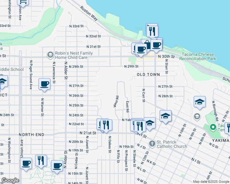 map of restaurants, bars, coffee shops, grocery stores, and more near 56 West Road in Tacoma