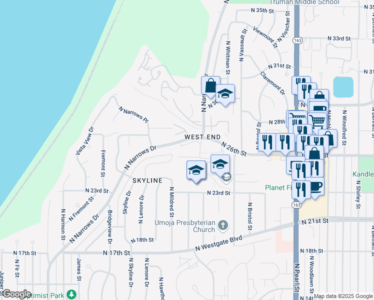 map of restaurants, bars, coffee shops, grocery stores, and more near 2514 North Narrows Drive in Tacoma
