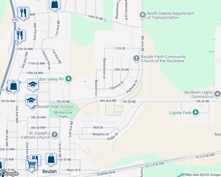 map of restaurants, bars, coffee shops, grocery stores, and more near 600-710 Parkway Drive in Beulah