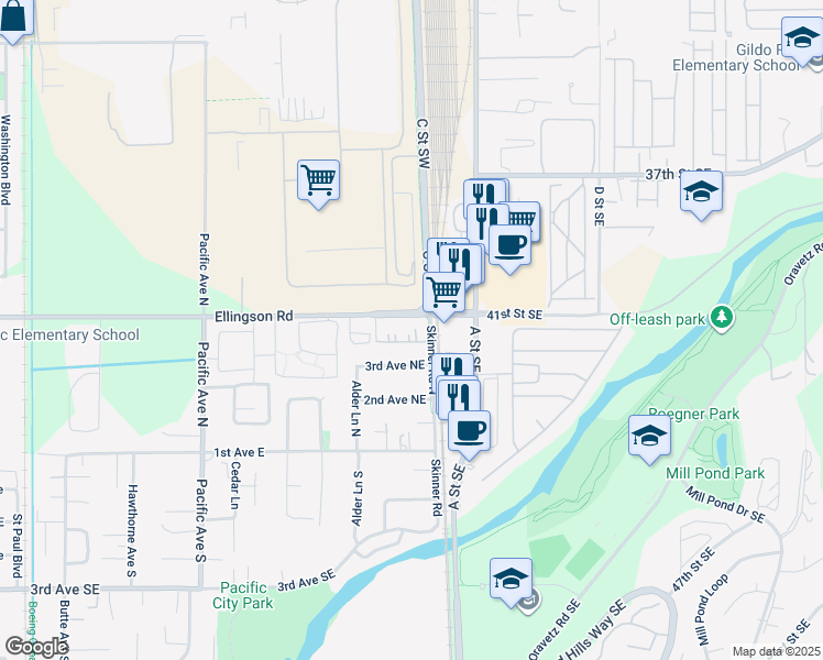 map of restaurants, bars, coffee shops, grocery stores, and more near 730 3rd Avenue Northeast in Pacific