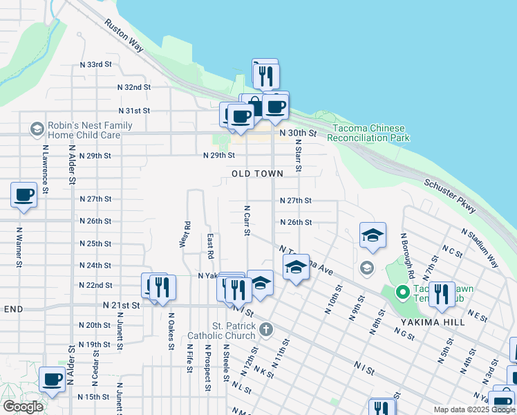 map of restaurants, bars, coffee shops, grocery stores, and more near 2516 McCarver Street in Tacoma