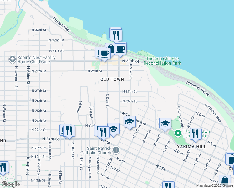 map of restaurants, bars, coffee shops, grocery stores, and more near 2516 McCarver Street in Tacoma