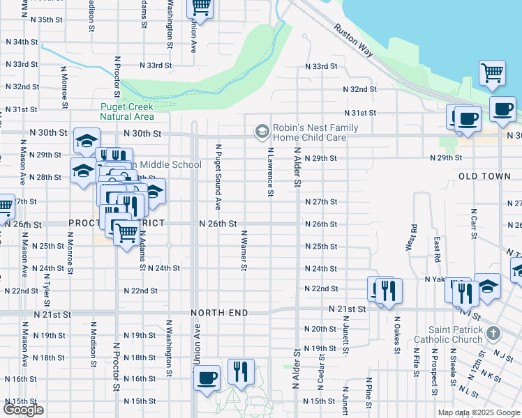 map of restaurants, bars, coffee shops, grocery stores, and more near 3302 North 26th Street in Tacoma