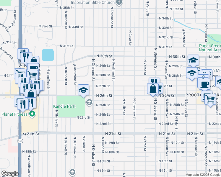 map of restaurants, bars, coffee shops, grocery stores, and more near 4906 North 27th Street in Tacoma