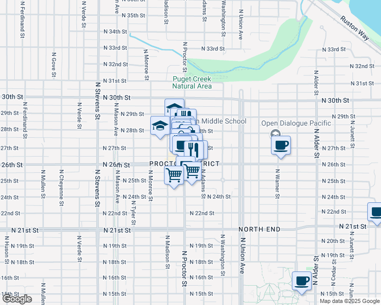 map of restaurants, bars, coffee shops, grocery stores, and more near in Tacoma
