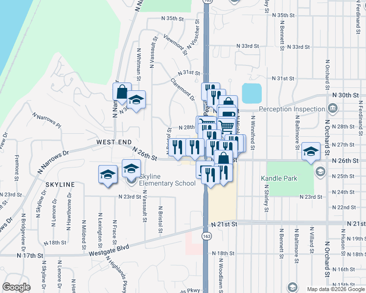map of restaurants, bars, coffee shops, grocery stores, and more near 2633 North Bristol Street in Tacoma
