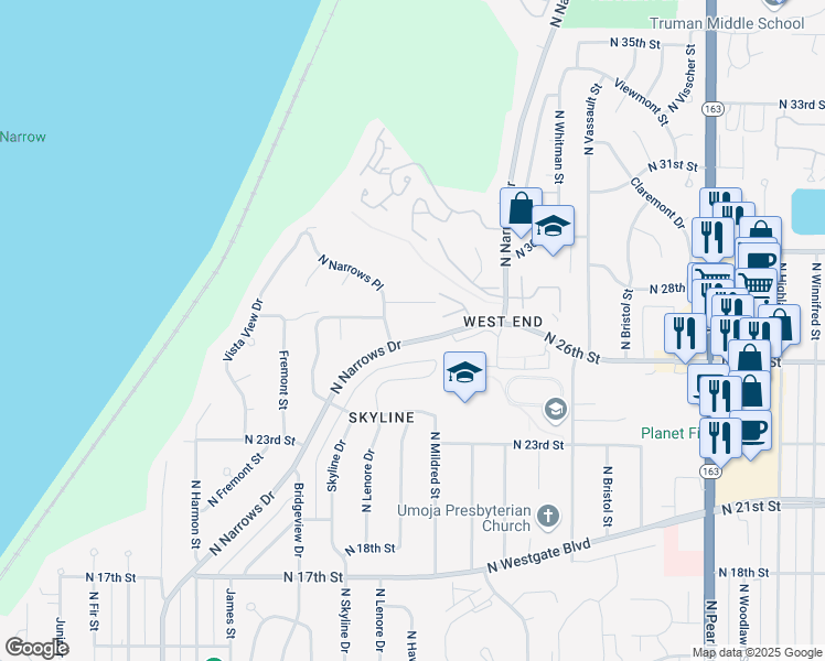 map of restaurants, bars, coffee shops, grocery stores, and more near 2514 North Narrows Drive in Tacoma