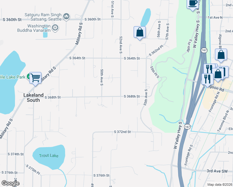 map of restaurants, bars, coffee shops, grocery stores, and more near 5100 South 368th Street in Auburn