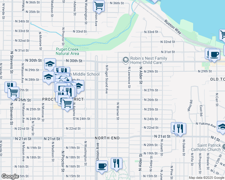 map of restaurants, bars, coffee shops, grocery stores, and more near 3424 North 28th Street in Tacoma