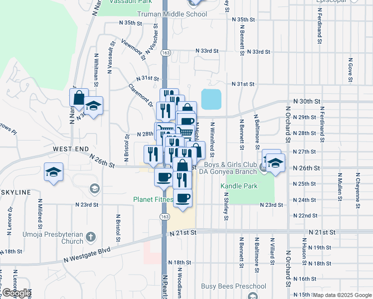 map of restaurants, bars, coffee shops, grocery stores, and more near 2600-2798 North Highland Street in Tacoma