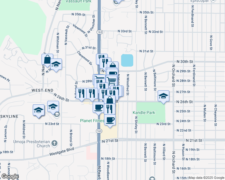 map of restaurants, bars, coffee shops, grocery stores, and more near 2798 North Highland Street in Tacoma