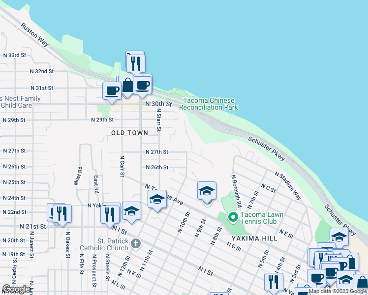 map of restaurants, bars, coffee shops, grocery stores, and more near 2714 Garfield Road in Tacoma