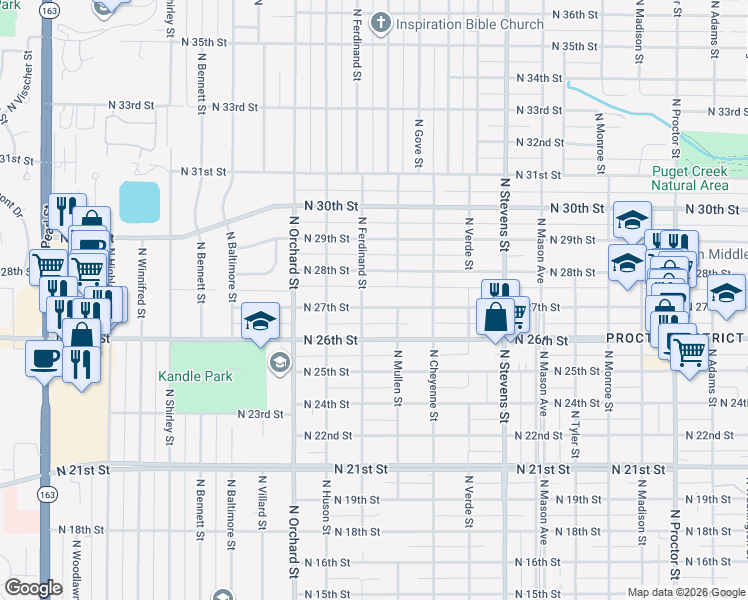 map of restaurants, bars, coffee shops, grocery stores, and more near 2709 North Ferdinand Street in Tacoma