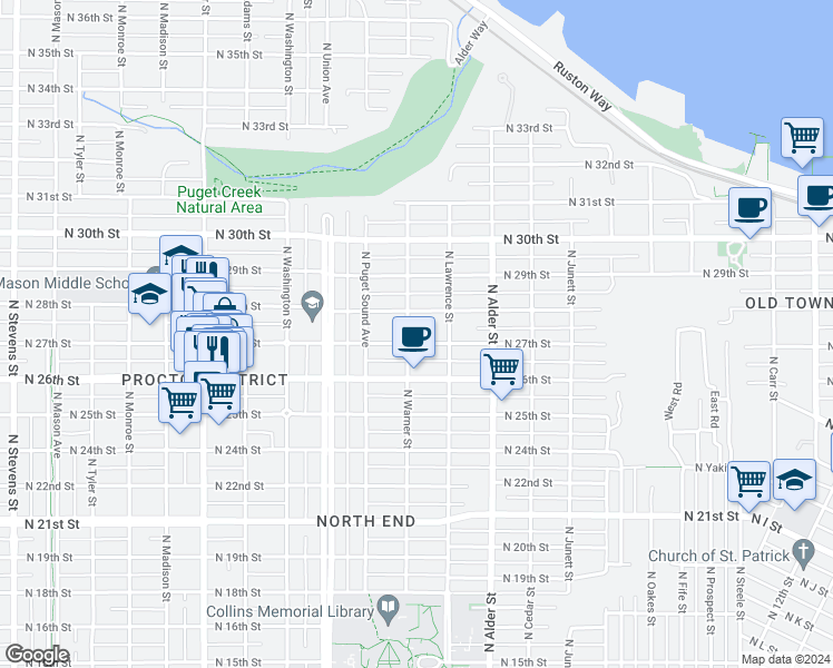 map of restaurants, bars, coffee shops, grocery stores, and more near 3323 North 27th Street in Tacoma