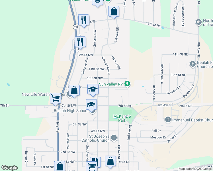 map of restaurants, bars, coffee shops, grocery stores, and more near 1001-1099 Central Avenue North in Beulah