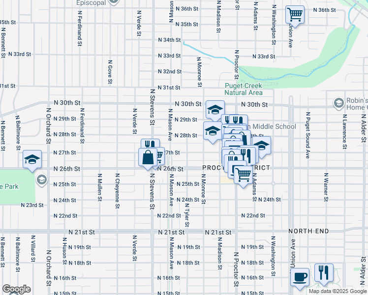 map of restaurants, bars, coffee shops, grocery stores, and more near 2708 North Tyler Street in Tacoma