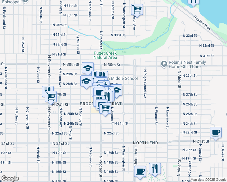 map of restaurants, bars, coffee shops, grocery stores, and more near 2709 North Adams Street in Tacoma