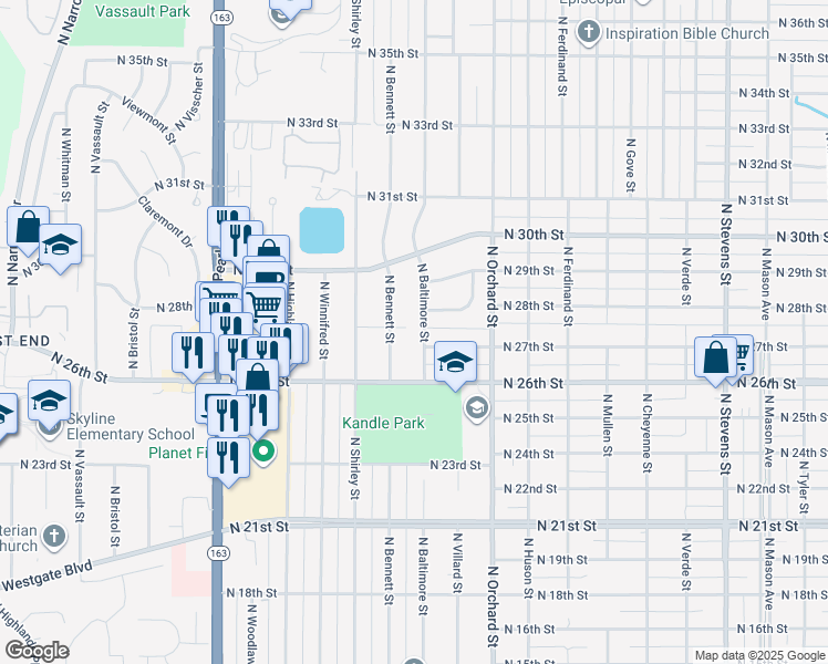 map of restaurants, bars, coffee shops, grocery stores, and more near 2712 North Baltimore Street in Tacoma