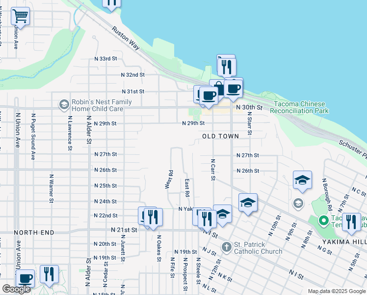 map of restaurants, bars, coffee shops, grocery stores, and more near 2346 North 28th Street in Tacoma