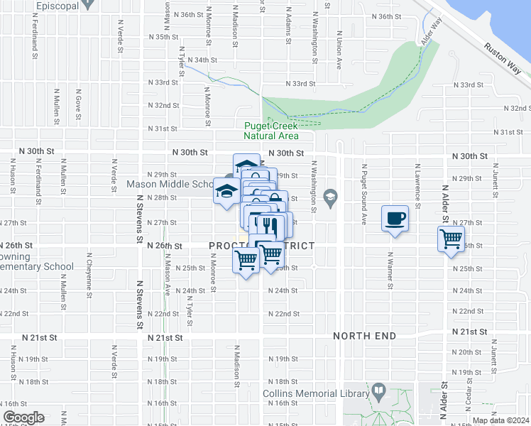 map of restaurants, bars, coffee shops, grocery stores, and more near in Tacoma